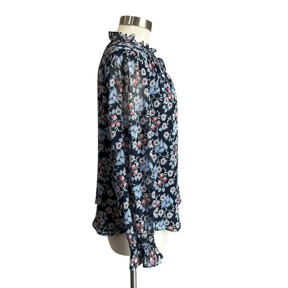 Loft Floral Blue Smocked Ruffle Tie Neck Blouse Size L Petite - Picture 2 of 9